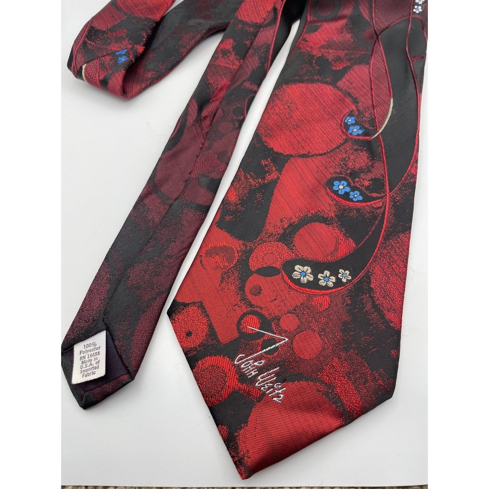 John Weitz Mens Necktie Red Black Abstract Paisley Floral Embroidered USA Made